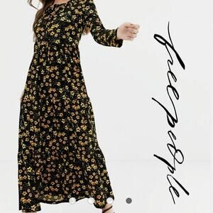 EUC Free People‎ Tiers Of Joy Boho Prairie Midi Dress Sz. M Yellow Black Floral